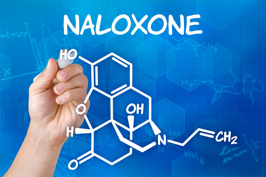 Naloxone chemical makeup drawn on whiteboard, showing what is Naloxone.