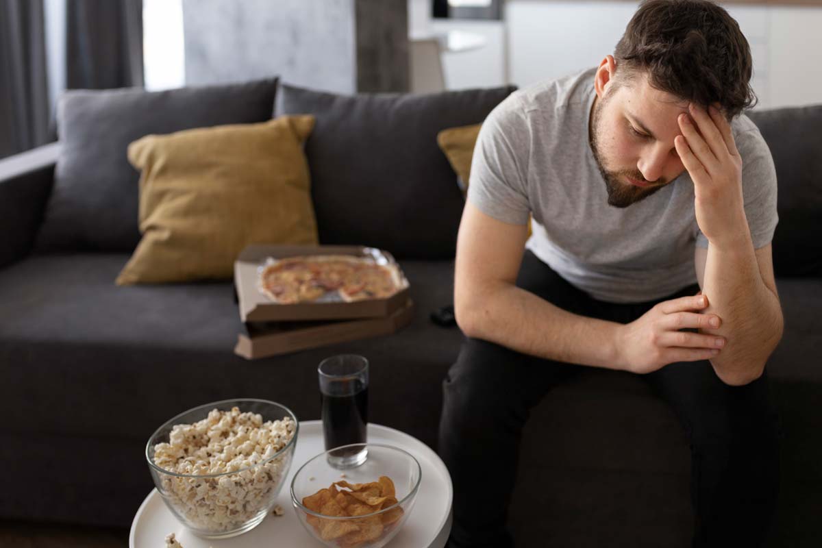 Man at home trying to relax with pizza and snacks but cannot because of anxiety
