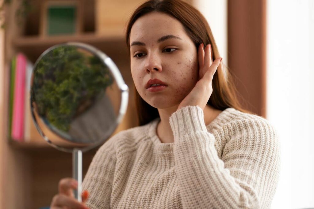 Woman looking at the mirror wondering about their acne