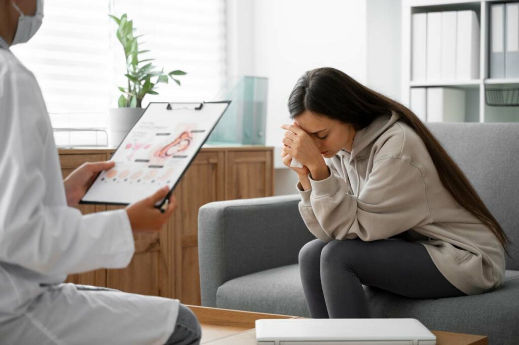 Upset woman talking to her doctor