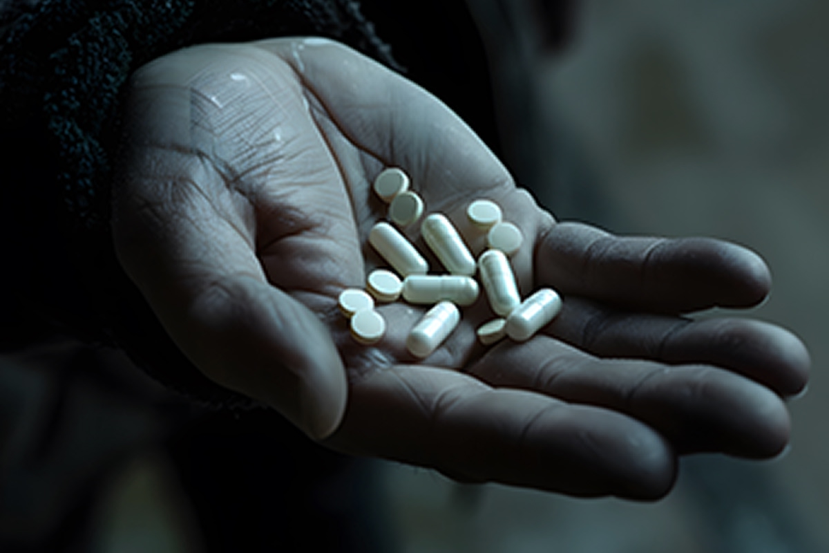 Close up of a hand holding several white pills symbolizing the danger of adderall addiction.