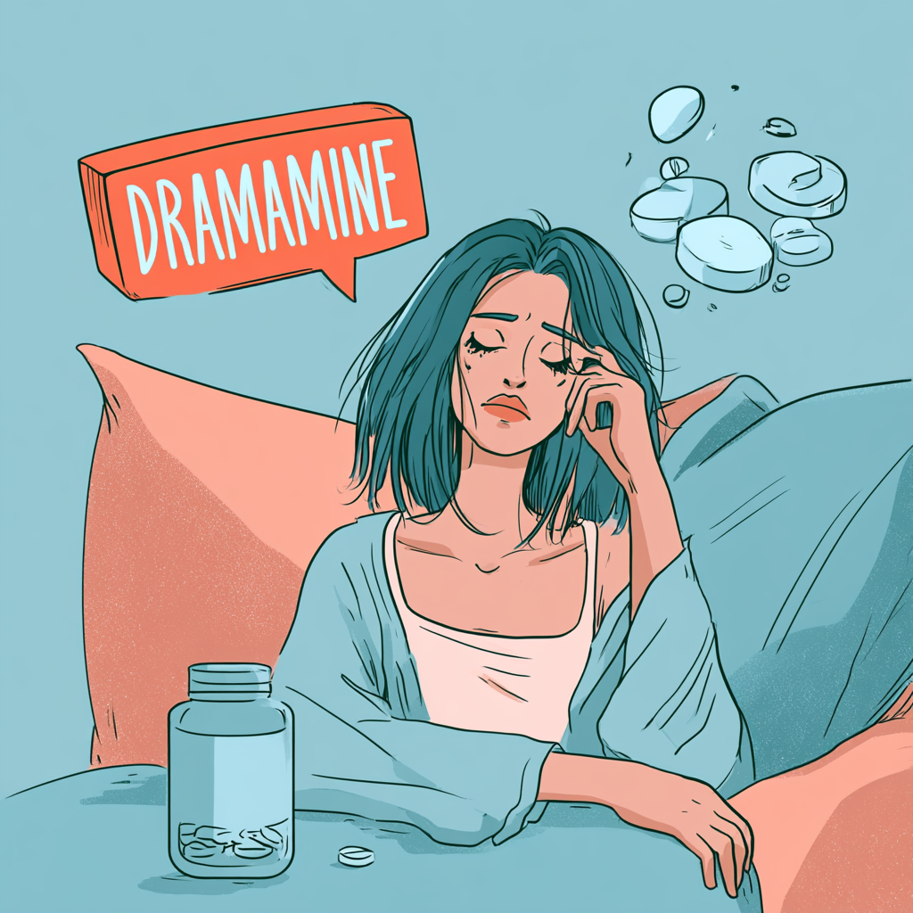 Illustration of a woman experiencing anxiety after taking Dramamine, highlighting potential Dramamine side effects, nervousness, and medication-related anxiety.