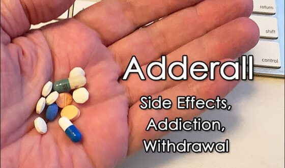 Hand holding multiple pills with text reading Adderall side effects, addiction, and withdrawal, representing risks of Adderall misuse and dependence.