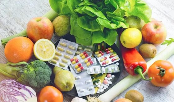 Assortment of fresh fruits, vegetables, and supplements representing the science of detox and natural healing at 12 South Recovery in Lake Forest, CA.