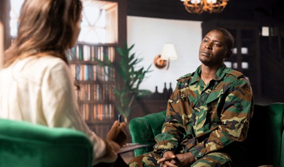 Veteran in military uniform attending therapy session for PTSD treatment support at 12 South Recovery in Lake Forest, California.