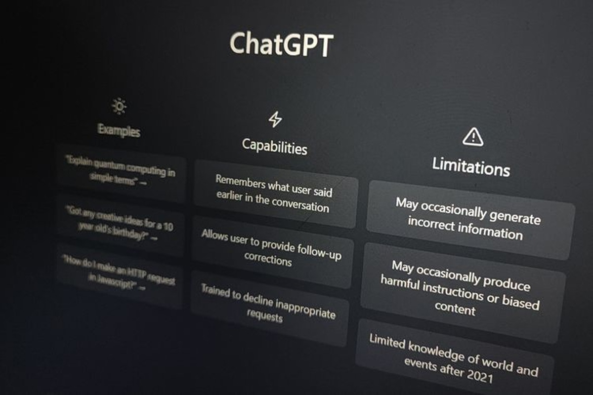 Close-up of ChatGPT screen highlighting examples, capabilities, and limitations, used by 12 South Recovery to discuss AI and mental health awareness.