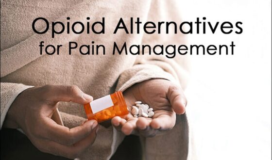 Person holding prescription pills with the text “Opioid Alternatives for Pain Management,” representing safe pain treatment and opioid recovery options at 12 South Recovery in Orange County, CA.
