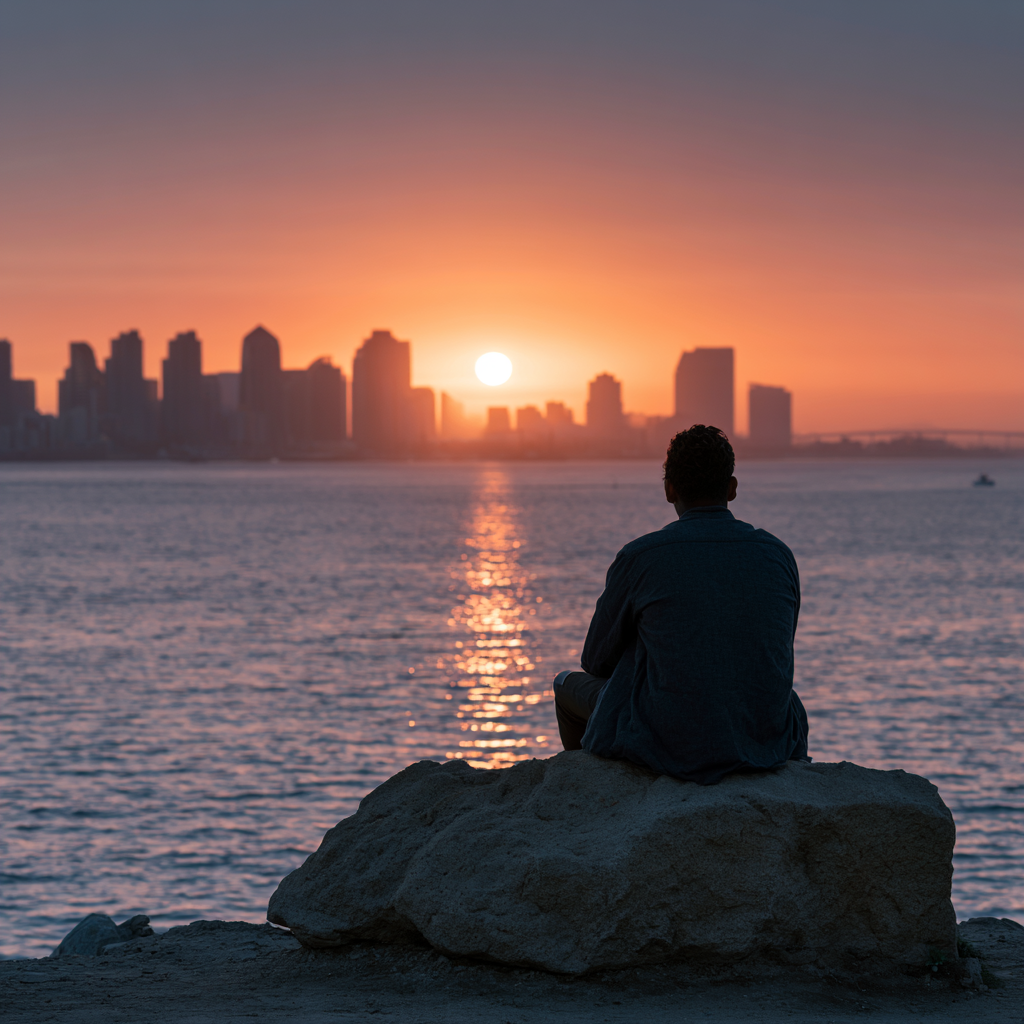 Person sitting on a rock overlooking the Orange County coastline at sunset, symbolizing reflection, healing, and long term recovery. 12 South Recovery helps individuals start relapse prevention early through personalized addiction treatment, therapy, and ongoing support in Orange County.