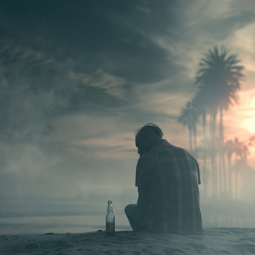 Person sitting alone near the Orange County coastline with a bottle nearby, representing the challenges of addiction and the importance of ongoing recovery support. 12 South Recovery helps clients build lasting sobriety through relapse prevention planning, therapy, coping skills, and continued care in Orange County.