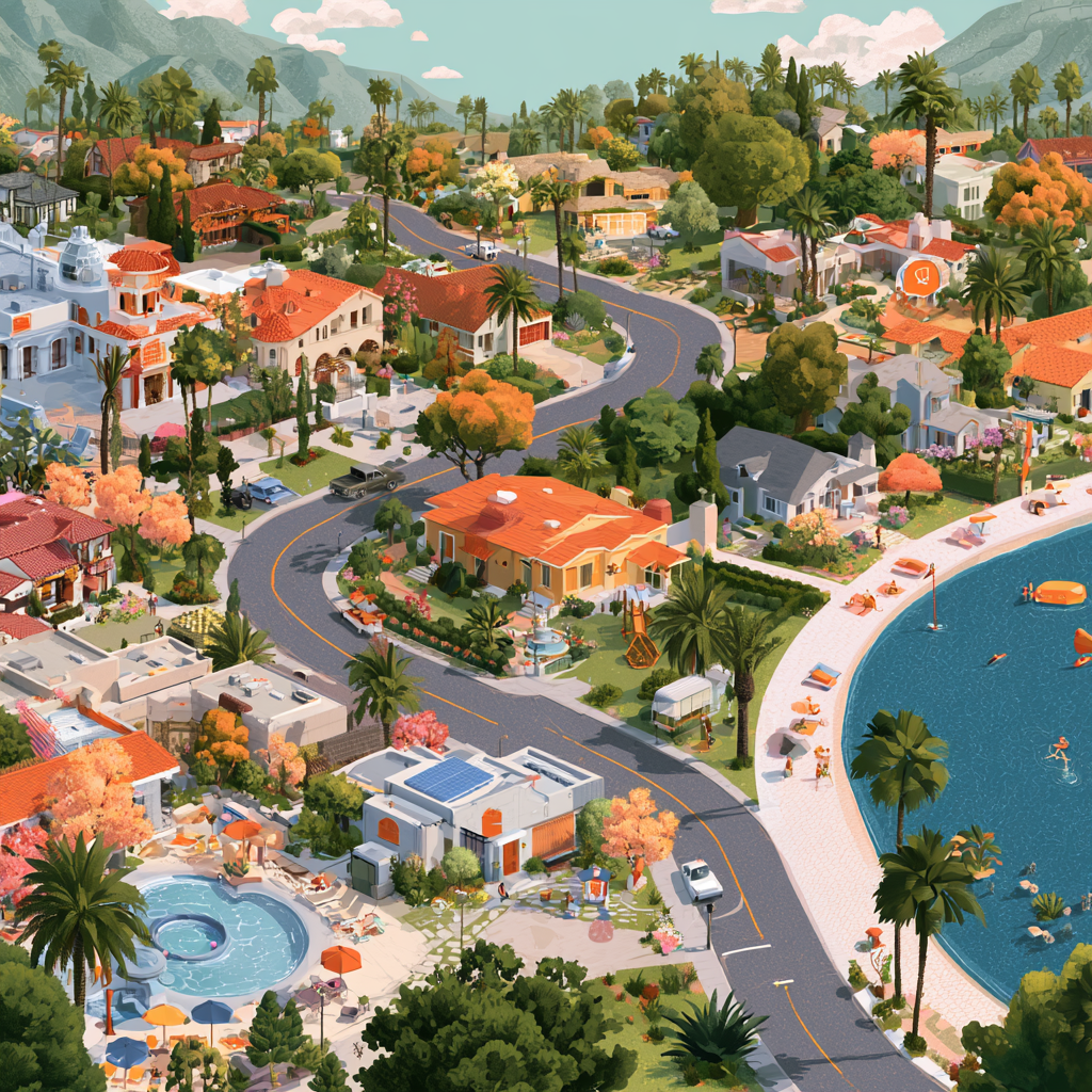 Orange County rehab near a scenic Southern California neighborhood with palm trees, residential homes, mountains, and coastal views.
