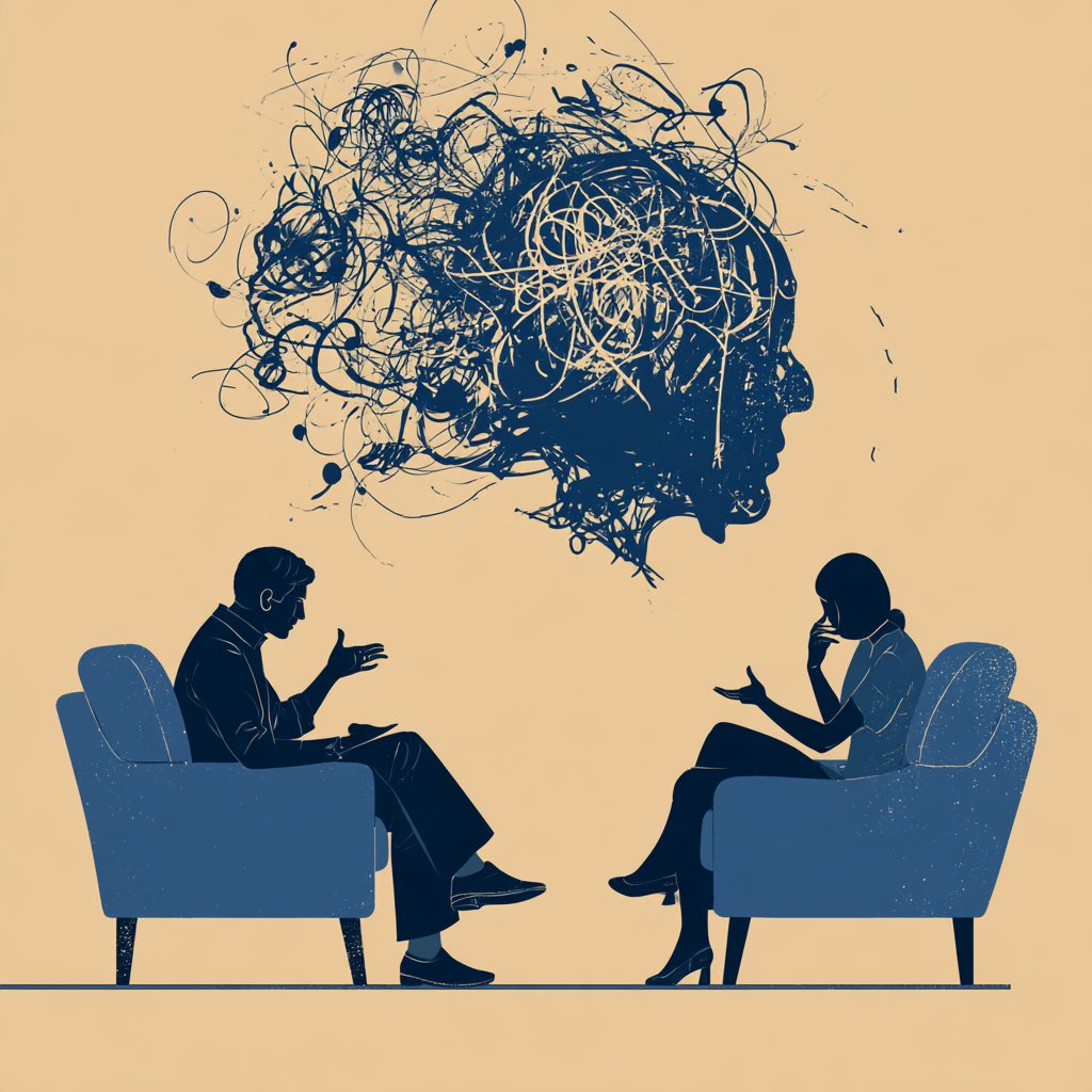 Is CBT therapy right for my mental health needs? Illustration of a therapy session representing CBT available at 12 South Recovery.